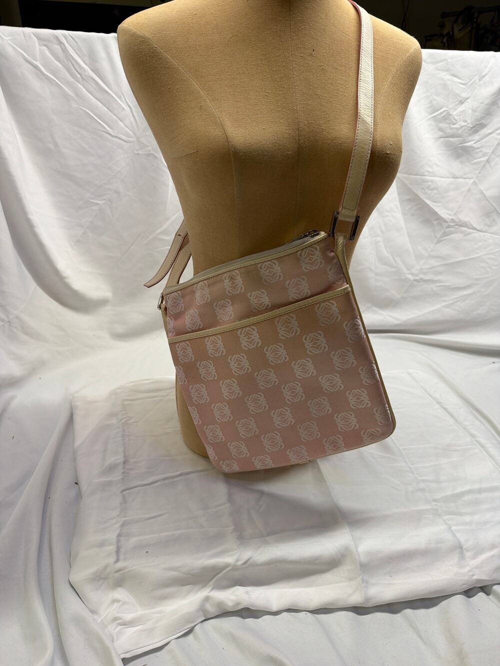 Loewe Pink Anagram Pattern Canvas & Off-White Leather Crossbody Bag